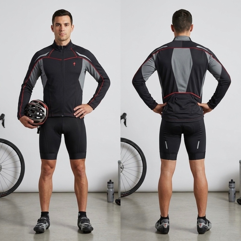 Specialized Men's Cycling Jersey Large Long‎ Sleeve Full Zip Black Gray Red Bike